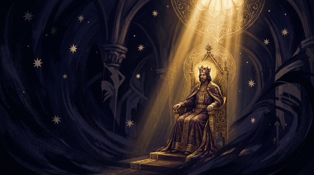 Ensom kronet skikkelse på en trone i en tom sal, gyldent katedrallys bryder gennem mørket — illumineret manuskript i det dybe rum.