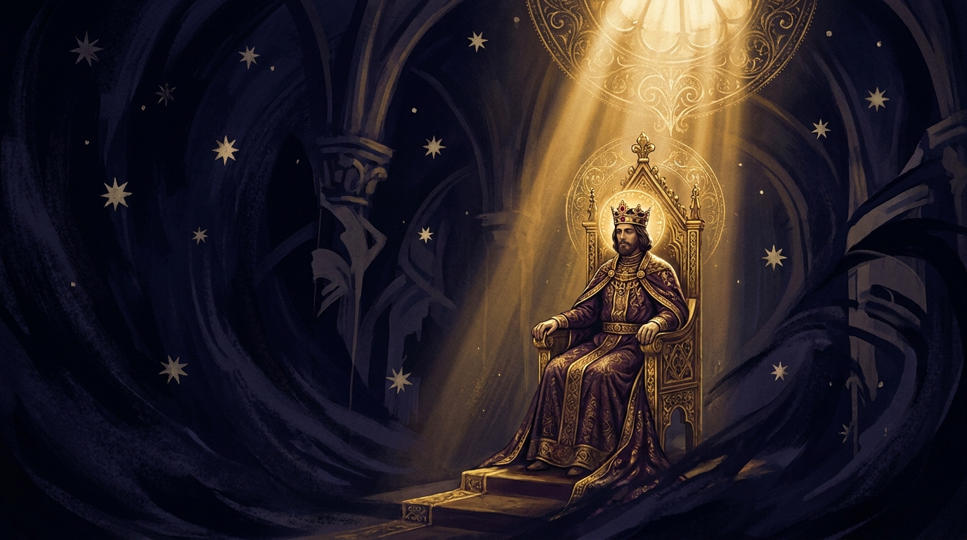 Ensom kronet skikkelse på en trone i en tom sal, gyldent katedrallys bryder gennem mørket.